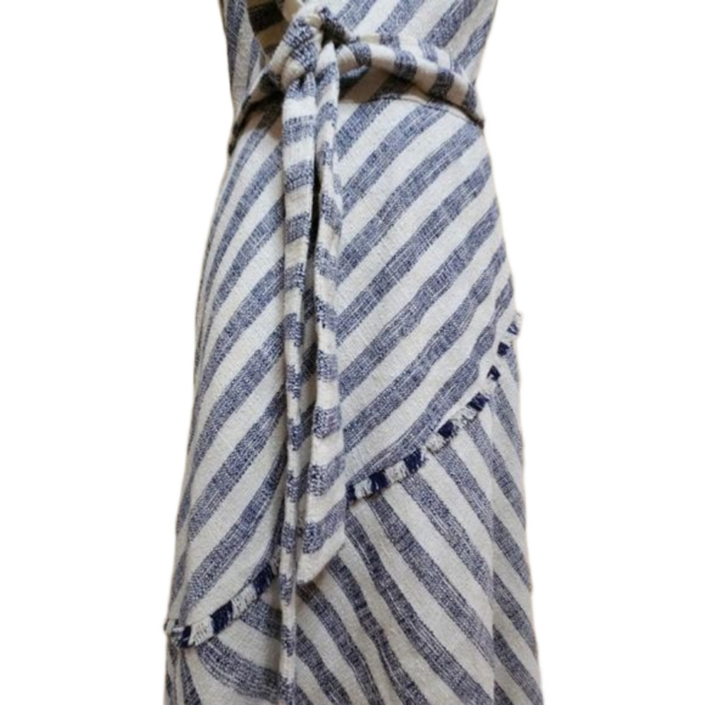 Banana Republic Tweed Tassle Asymmetrical Hem Belted Blue/Cream Stripe Dress 2 - Picture 2 of 7